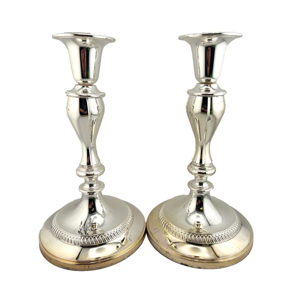 Vtg 2pc Set Silver Plated Candlestick Holders 8” HBC England Wedding Decor